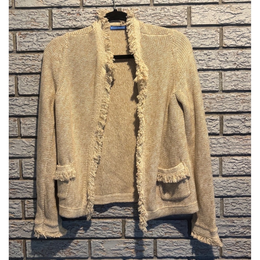J.McLaughlin Women XS Beige Cotton Fringe Trim Open Front Cardigan Sweater